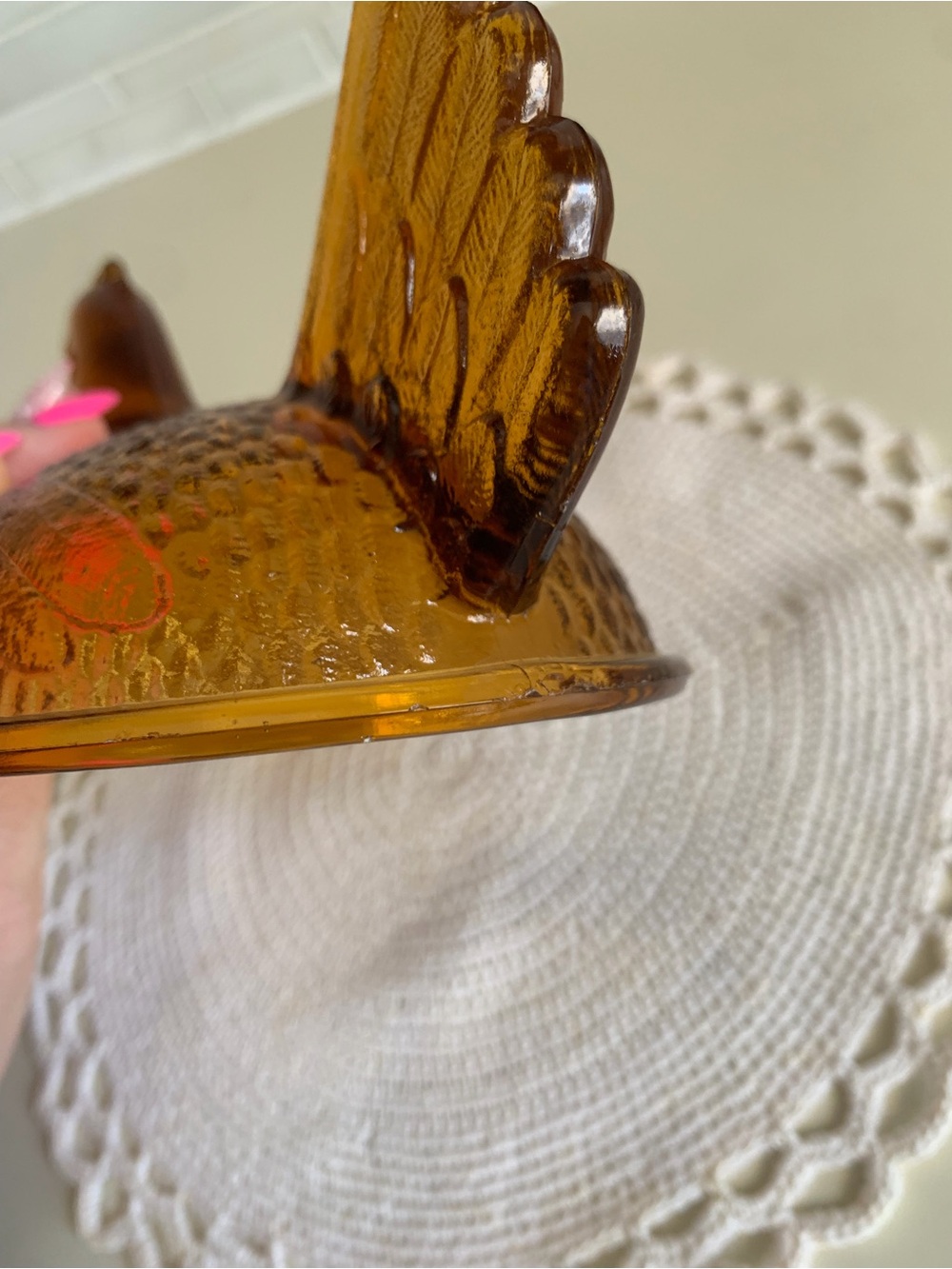 Vintage Indiana Glass Amber Hen on Nest 7” Beaded Rim Covered Dish - Picture 13 of 14